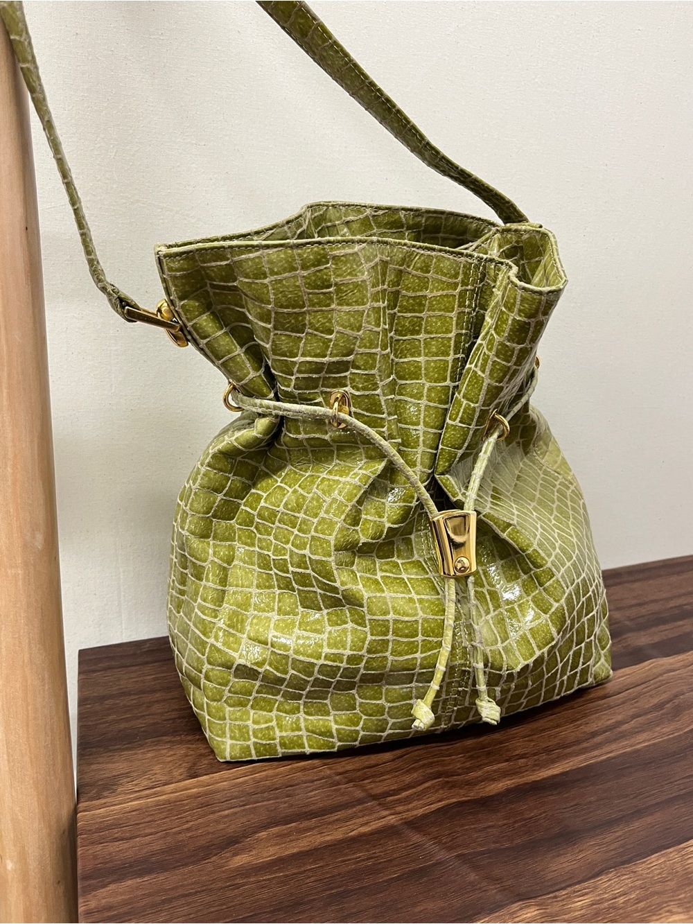 Mazzantia Talk of the Walk Croc-Embossed Olive Drawstring Shoulder Bucket Bag